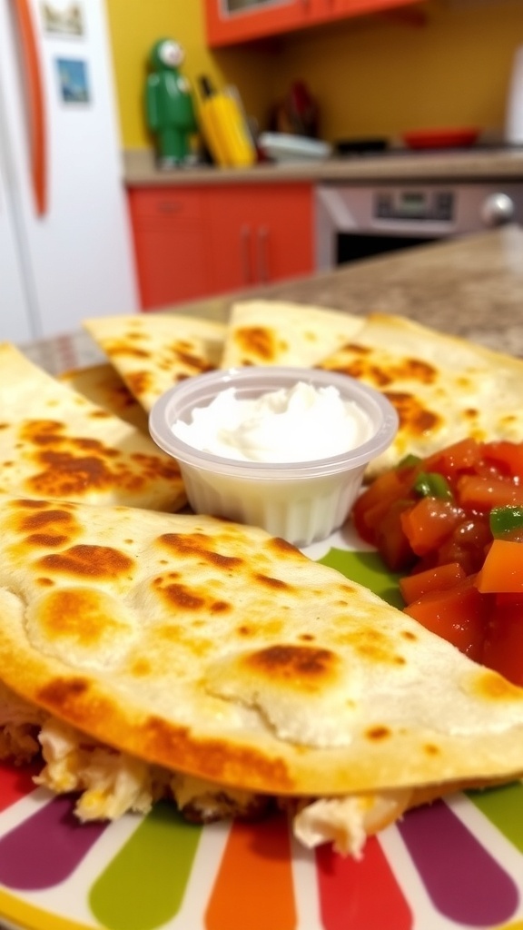Cheesy chicken quesadilla wedges on a plate with sour cream and salsa.